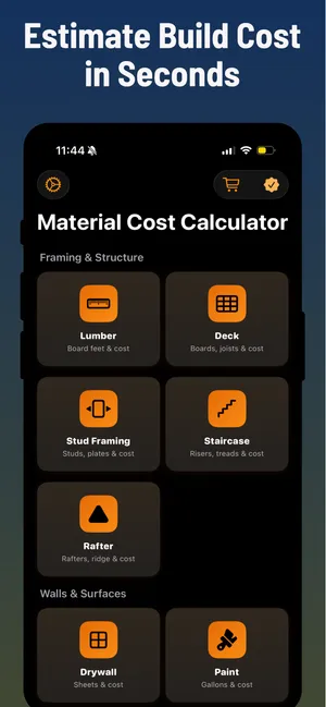 Material Cost Calculator screenshot showing calculator categories