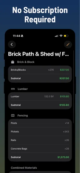Project detail view with itemized material costs